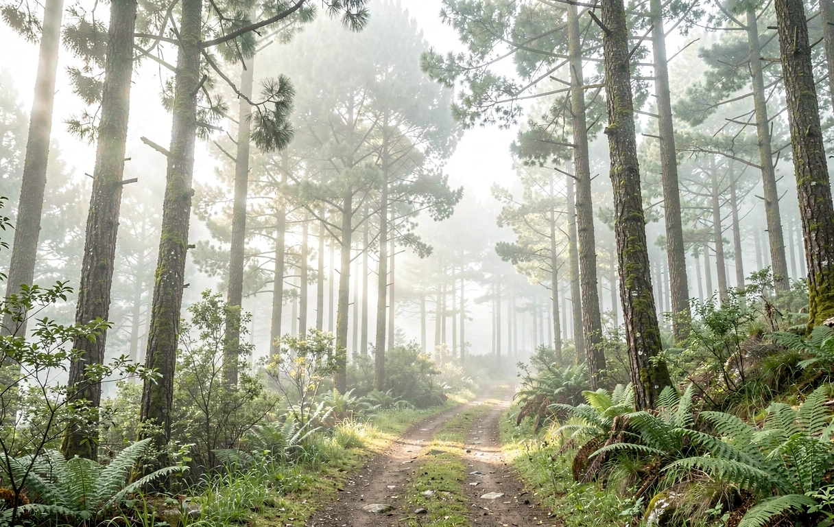 Sendero forestal en la precordillera chilena